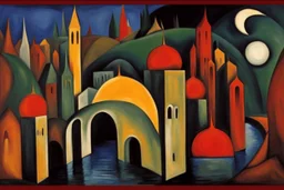 A surreal city with rivers, arches and domes by artist "Arthur Garfield Dove",by artist "Leonora Carrington",by artist "Emil Nolde"