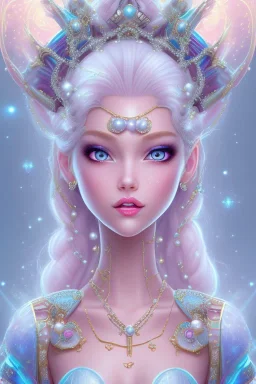 cosmic princess girl belle fine, profil de trois quart, grand front cosmique, peau bleu cristalline, yeux bleu, perle sur le front long cheveux blond et rose etoilé, cristaux sur le corps, collier de grande princesse, levres souriante, très jolie sourire