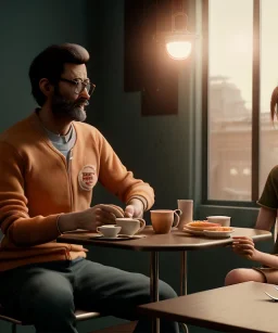 Realistic scene, man and woman sitting in cafeteria and having breakfast levitating, 0 gravity, Wes Anderson, soft color, highly detailed, unreal engine 5, ray tracing, RTX, lumen lighting, ultra detail, volumetric lighting, 3d, finely drawn, high definition, high resolution.