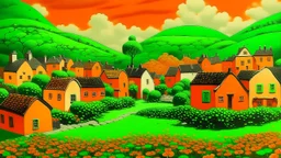 An orange colored Irish town with clovers designed in ancient Egyptian pottery painted by Frank Wilson