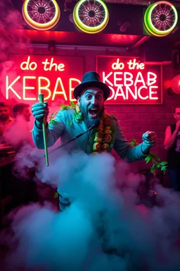 An "Kebab man" performing at dance club, his name is "Kebab man" and looks crazy, Kebab rolls in foliage on stage, Neon lights and smog, "do the KEBAB DANCE" SIGN ON WALL