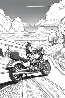 Outline art, no shading, motorcycle on the road, cartoon style, black and white, low detail, --ar 9:11