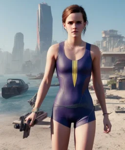 Emma Watson, full-length, in a swimsuit, cyberpunk 2077, photorealistic illustration, 16k