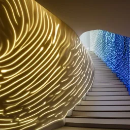 10 Grenelle, biomorphic structure, bioluminescence, centrepiece, france, interior design, Les Echos, Le Parisien, LVMH, media division, minimalist, office environment, parametric sculpture, Paris, refined details, ghostly lights,staircase,golden hour,masterpiece of Ora Ito mixed with Asaf Hanuka