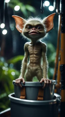 close up portrait of a gremlin with arm hair standing up in a model a bucket ski lift in dark lit reflective wet jungle metallic hall dome hotel tunnel, in the style of a game,bokeh like f/0.8, tilt-shift lens 8k, high detail, smooth render, down-light, unreal engine, prize winning