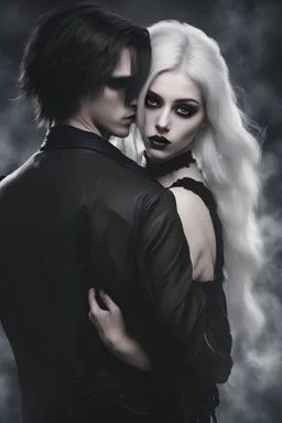 Close up of an Attractive goth man holding his goth girl, he is looking mysteriously at the camera with her back faced to the camera. Dark eyes, White hair, ,super realistic, smoky background