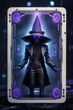 sacred geometry framed playing card, black, blue and purple drum set spider cyber punk dancer thief in soaked rain coat and cowboy witch hat shadows boss card in the style of Giger and fallout 4 ,,bokeh like f/0.8, tilt-shift lens 8k, high detail, smooth render, down-light, unreal engine