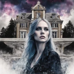 Gothic_Mansion+haunted_Woman_Portrait+astral_nightsky, double exposure splash art watercolour and fountain pen, face transparent bleeding through, diffusion artistic layering Inside, double exposure photographic effect, merged Painterly styles by Photoshop, by Dan Mountford.