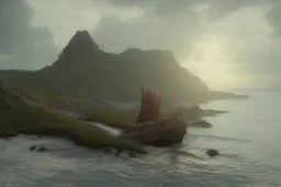 Small shipwreck at a pebbled cliffside, fantasy, mystical, lightshafts, storm in the distance