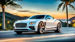 A sleek white shiny (((Bentley Porsche))), its contours and details perfectly captured in a (((cinematic view))), zipping along a winding road under a beautiful blue black night sky