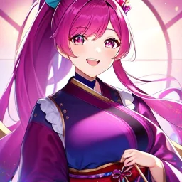 girl, masterpiece, best quality, volumetric lighting, detailed outfit, perfect eyes, long hair, fuchsia hair, fuchsia eyes, laughing, obi, ponytail,