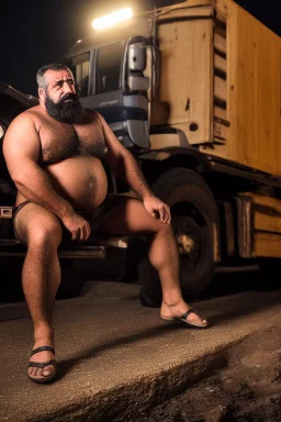 photography of two burly chubby strong turkish truck drivers 48 years old, shirtless with boxer ,bulge, manly chest, muscular, long beard, at midnight , sitting outside near his truck, open legs, dim lights, ambient occlusion, side light , photorealistic, view from the ground