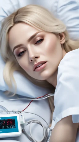 photorealistic hyperdetailed young womanwith blonde hair lying on a hospital bed with a heart monitor and tubes attached