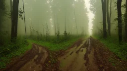 abandoned dirt road through a forest