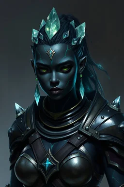 Please generate a female earth genasi fighter for D&D. She should have dark, charcoal black-colored skin. She should have lines marking her skin like cracks, showing glimmering gem-like veins. Her hair should appear carved of crystal. She wears armor. No earings or crystals on the forehead.