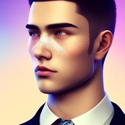 man, cute face, white highlight hair, brown eye, white, skin, purple suits, futuristic, science, purple, blue, pink background lighting, technology, profile, asian boy, square face, eye