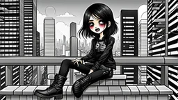 one cute weird emo style detalied cartoon girl with dark eyes, dark hairstyle, black jeans , black make up, and black boots. she sittings on upstairs and she no smiles, background a cartoon modern downtown city , office buildings, no Chinese subtitles, wide streets, markets, full body, digital art, detalied, illustration.