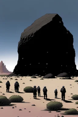 giant black rock in the desert with small people around n the style of Hiroshi Nagai