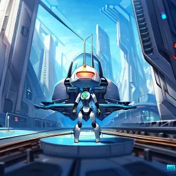 train on futuristic station with a few weird small cute beautiful robots