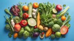Raw organic vegetables and greens over blue background, fresh ingredients for healthy food flying in the air, panorama. Healthy lifestyle, summer diet, nutrition, vitamins and minerals in food concept