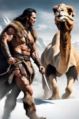 inspired by all the works of art in the world - laughing - Conan the Barbarian leads a cobra-headed Camel through the snow, full body image, Absolute Reality, Reality engine, Realistic stock photo 1080p, 32k UHD, Hyper realistic, photorealistic, well-shaped, perfect figure,