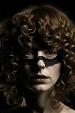 volto deforme di donna bendata con capelli ricci e frangia