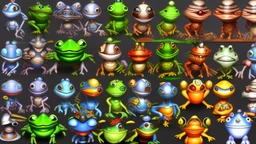 game sprite sheet of 30 images of stylized frog, view from six different angles covering 360°, collection sheet, arcade game, realistic