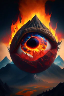 Flaming eyeball with mountains inside