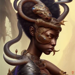 sango fantasy, fantasy magic, intricate, sharp focus, illustration, highly detailed, digital painting, concept art, matte, masterpiece snake head sexy lady body black African beauty tiger wearing African hair total head showing with a sword