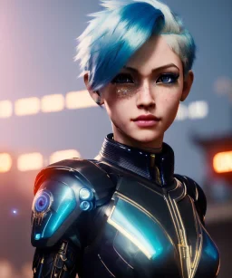 Cyborg anime warrior, light blue hair, pixie hairstyle, golden eyes, waist up portrait, 8k resolution, intricate details, ornate details, soft lighting, vibrant colors, retroanime, masterpiece, intricate eyeliner, dark eyeshadow, eyes, intricate tattoos, futuristic cityscape background
