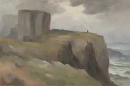 cloudy grey day, few distant cliffs, philosophic and trascendent influence, unforgettable landscape, rocks, videgame landscapes influence, epic, one person, distant mountains, rodolphe wytsman, jenny montigny, and friedrich eckenfelder impressionism paintings