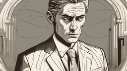 The image depicts an individual gazing intensely at the Earth, with their face slightly tilted towards the ground, as if harboring the world's secrets in their eyes. Their countenance exudes wisdom and unwavering confidence, almost as if they comprehend everything happening on this planet. Dressed in a sharp, high-end suit bearing a prestigious brand logo, they exude a serious and dignified aura. Their face radiates calm and contemplation, as they deeply ponder the intricacies of the world arou