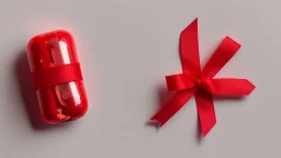 a packet of red pills, a torn red ribbon, on a white background