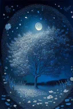 a background of softly blended blues, greys, silvers, and whites with distant, twinkling stars in the sky, an a circle moon casting a soft glow of light on a foreground of a field of various flowers surrounding a tree of life