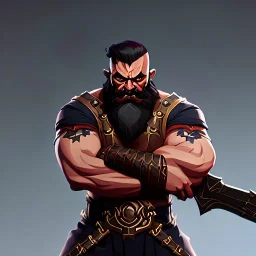 Ganesha battle axe, beard, angry, sleeve tattoo, strong man, small minutiae, tiny features