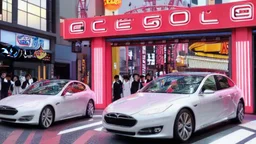 A Tesla's 'Model S Plaid' is racing at top speed, across the 'Universal Studios Japan', in Osaka. CINEMATIC. WIDE ANGLE LENS. PHOTO REAL.
