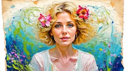 abstract art complementary colors fine details , old torn worn paper, high grain, portrait blonde , flowers in hair, acrylic, alcohol ink, fine drawing, A blonde woman in her 40s, with flowers woven into her loose, curly hair, sits in a whimsical, fairytale setting, surrounded by delicate swirling patterns reminiscent of the textures of old torn paper, in a vibrant, abstract style combining acrylic and alcohol ink techniques, with fine detailing that highlights complementary colors, in the expre