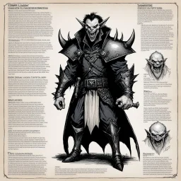 character concept sheet with AD&D statistics and characteristics, [illustration by Kevin Eastman and Peter Laird] vampire lord with flashing eyes and a pale, gaunt face with sunken eyes and sharp teeth.