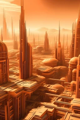 retrato de ciudad futurista vista desde un plano lejano con colores calidos estilo leonardo da vinci