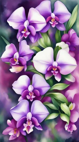 Vibrant Orchid Fantasy, Vibrant orchid flowers in deep pink, purple and white, painted with detailed petals and lush green leaves to create an exotic romantic atmosphere. Watercolor painting style