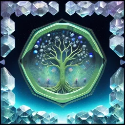  hedjuk,Tree of Life, crystal city crystalline in the sky, renderin, room, cosmic, opalescent, 100mm, opalescent, gemstones, crystals, object, other worldly,water, cristal rock ,bright, ice backg