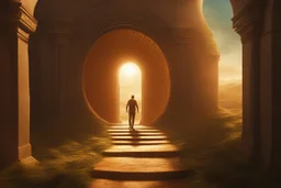 a man moving through a portal, photorealistic, Detailed Matte Painting, Deep Colour, Fantastical, Intricate Detail, sunshine