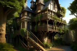 large medieval gothic, treehouse inn, with a balcony, next to a sloping, cobbled road, in a wood, dense foliage, photo-realistic