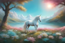 a pretty white unicorn, thin and light goes towards a small turquoise lake. In the foreground pink, yellow and white flowers, in the background gentle hills. very realistic painting, 8k high definition. delicate, soft and magical atmosphere.