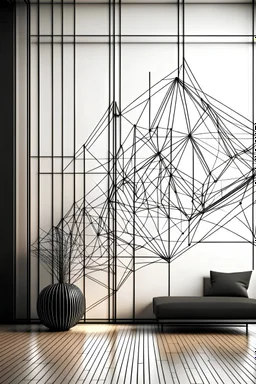 Bend and twist wire into abstract geometric shapes for wall art.Create a elevational mockup of the installation in a space. Create a handcrafted simple wall decor elevational mockup of the installation in a space