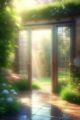 An open door to a beautiful summer garden, ,complex, amazing, magical gentle, sparkling dew drops, dawn, magically, in pastel transparent tones, hyperrealistic, beautiful, lumen, professional photo, 3d, 64k, high resolution, hyperdetalization, hyperrealism, f16,1/300s, highly detailed digital painting, bright, juicy, photorealistic painting, solar illumination in the background, bright lighting, aesthetically pleasing, beautiful, clarity of contours