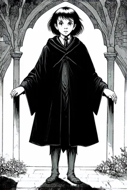 pallid 7 year old boy, necromancer, friendly,wearing black robes, with the lower body of a genie instead of legs, in the style of Harry Clarke