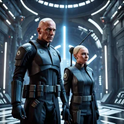 a bold and heroic bald male Corellian pilot in black and metallic grey First Order special forces gear meets a female Jedi Master in ancient, mystical temple, hyperdetailed, dynamic lighting, hyperdetailed background, 8k resolution, volumetric lighting, light skin, fully symmetric details