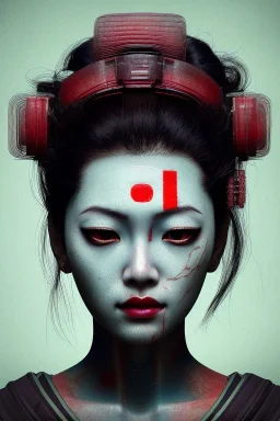 japan head portrait,geisha makeup, meditation, galaxy sky, 8k quality , portrait,beautiful ghost in the shell , post-apocalyptic in a sin city, realistic, intriacte detail, sci-fi fantasy style, volumetric lighting,24mm , particales,highly detailed,cinematic, deep purple , green eyes .