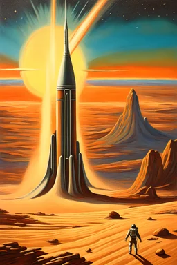 An oil painting in the style of the science fiction book covers from the 1960s. A small solitary rocket in the distance streaks across the picturesque starry sky, traversing the vast desert landscape of sand and rock below. In the distance, mysterious skyscrapers and an exotic city emerge on an undiscovered planet.